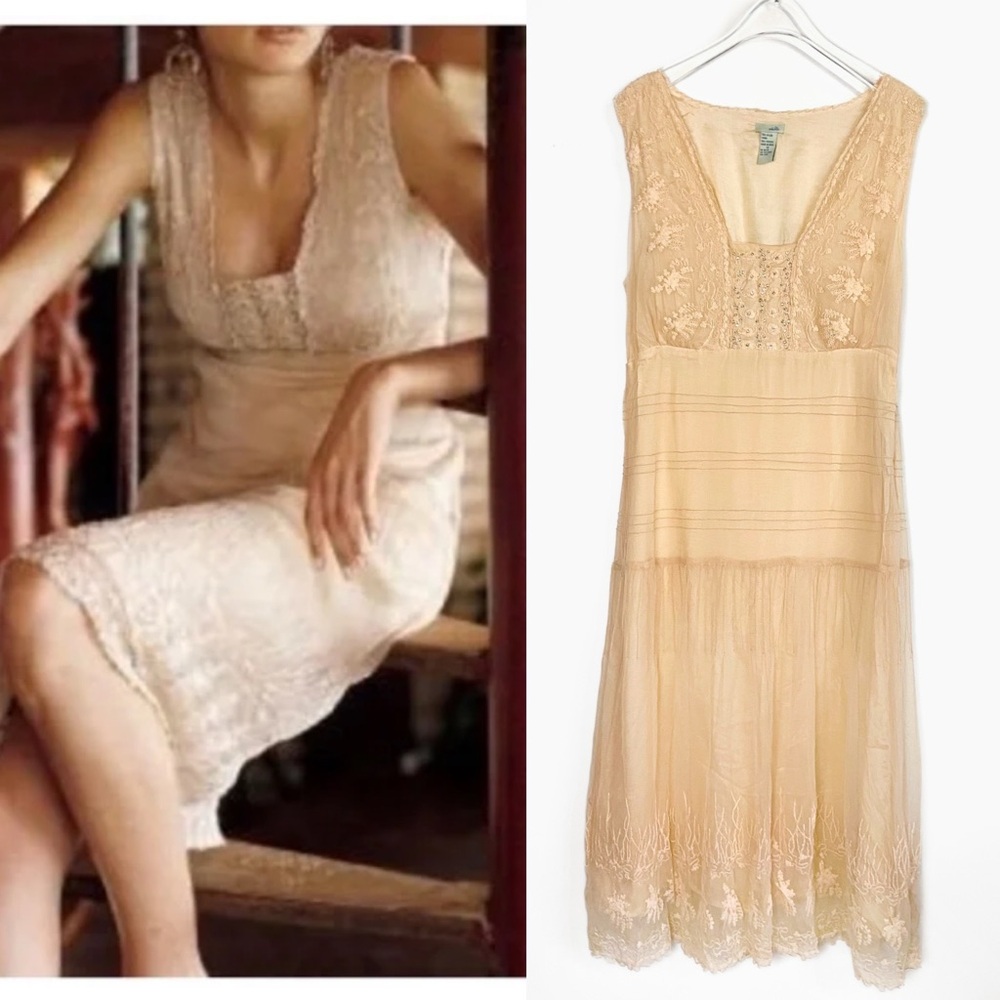 Odille Womens Bohemian Lace Dress Cream Peach Neutral size 12 Anthropologie